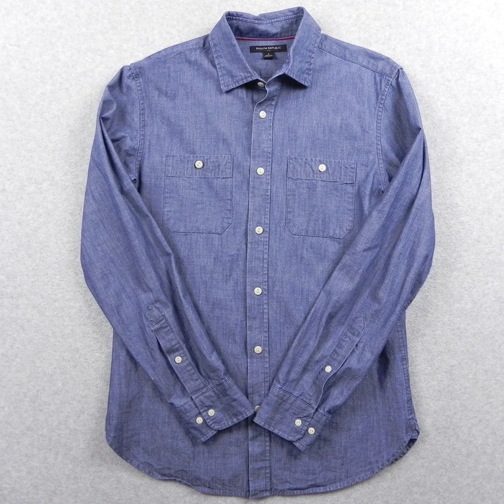 Banana Republic Shirt Mens Small Chambray Double Pocket Button Blue Long Sleeve